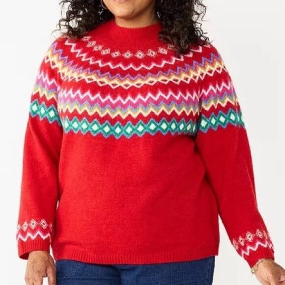 Croft & Barrow Fair Isle Mock Neck Knit Sweater Women's 3X Red Holiday Nordic - Picture 1 of 7